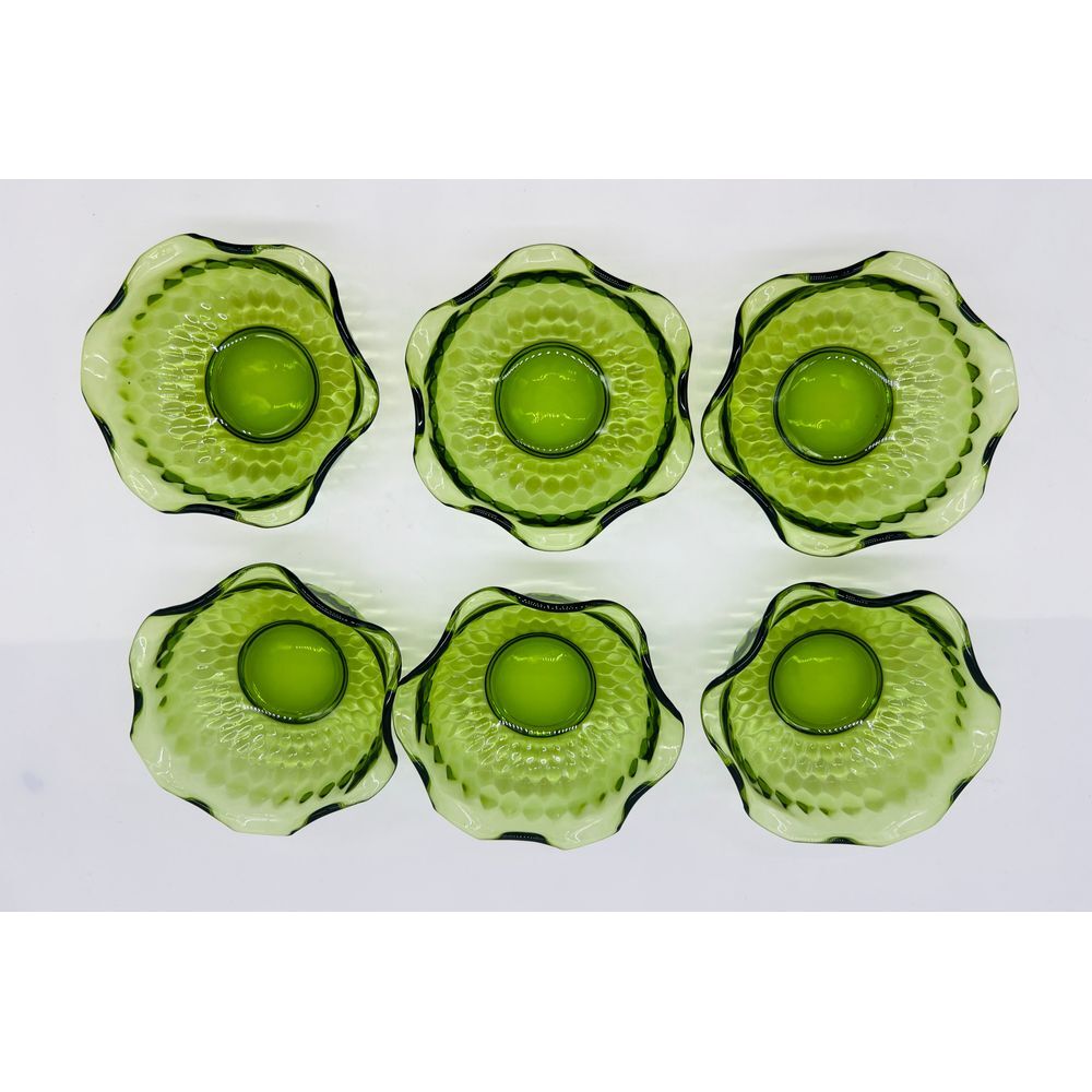 Vintage Avocado Green Glass Dish Ruffled Scalloped Edges Textured Pattern